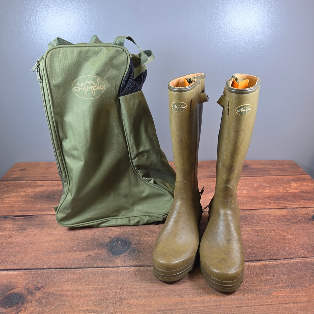 Le Chameau Chasseur Boots Mens 8 Olive Good Leather Lined Zip Rain Bag